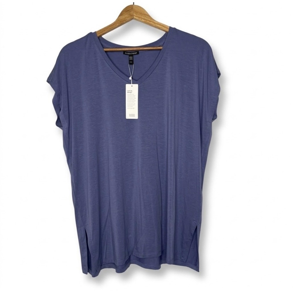 NWT Eileen Fisher $98 Periwinkle V-Neck Long Boxy Top Sz M Quiet Luxury Capsule